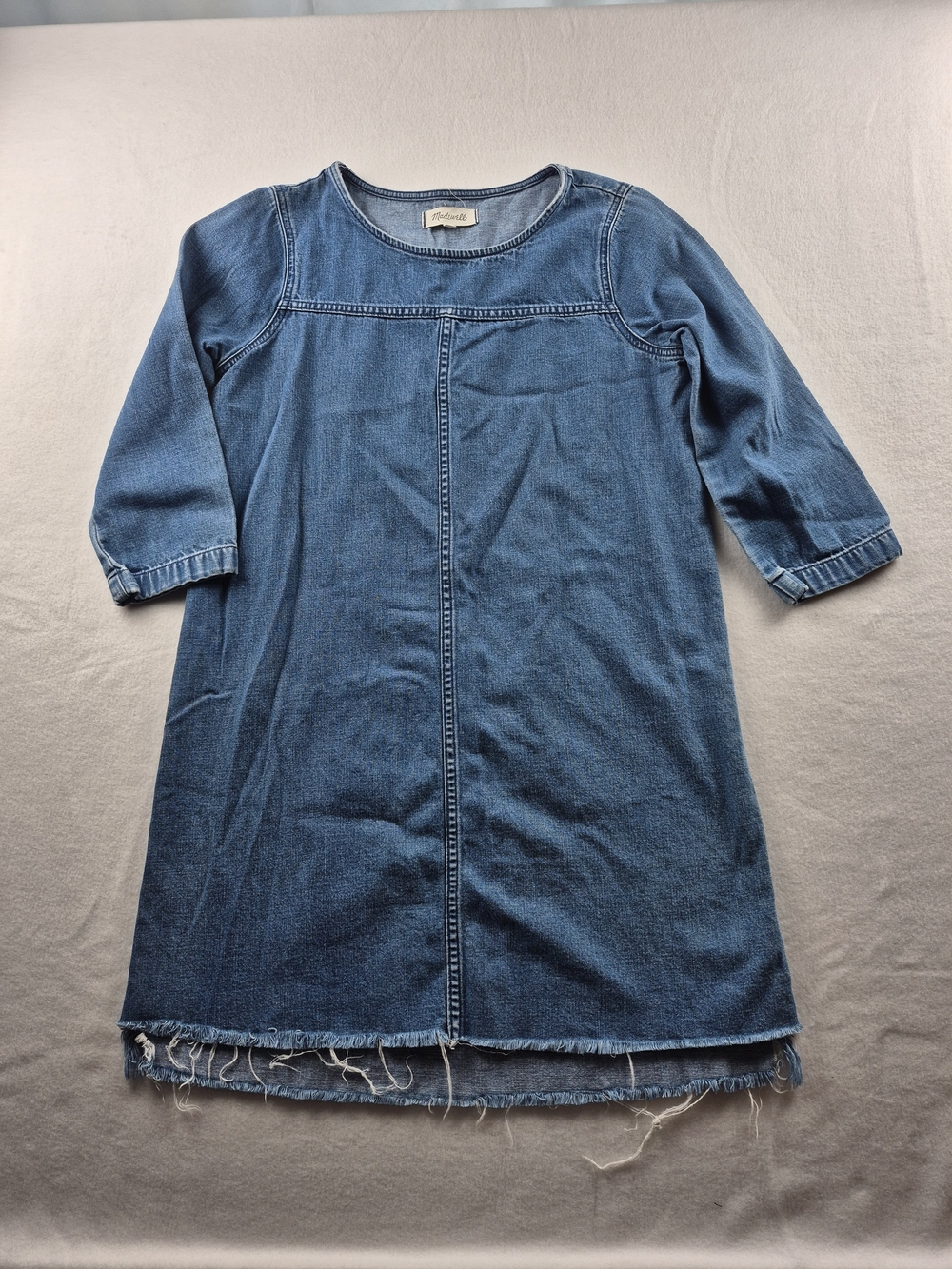 Madewell Denim Raw Frayed Step Hem Shift Dress Blue 3/4 Sleeve Size Small